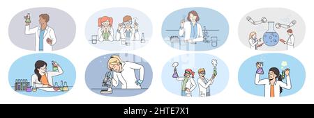 Collection of scientists work in lab experiment with cell using test tubes and microscope. Set of researchers in medical uniform develop vaccine in laboratory. Pharmacy concept. Vector illustration.  Stock Vector