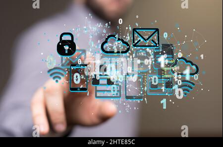 Male pointing at actionable analytics connecting people on the internet Stock Photo