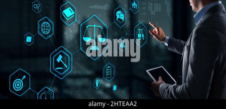 Law. Businessman on abstract blurred background using law protection right. Stock Photo