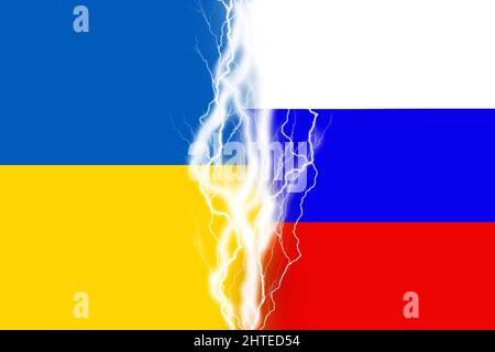 Lightnings effect between flags of Ukraine and Russia. Ukrainian Russian war illustration Stock Photo