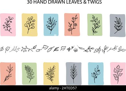 Set of sketches of various fantasy leaves, herbs, twigs, plants. Romantic doodle vector clipart Stock Vector