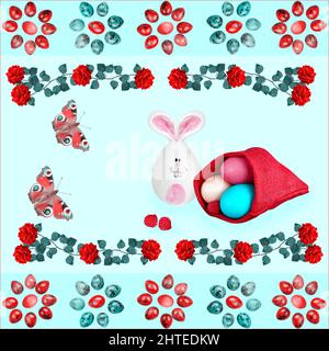 Easter composition in red and turquoise tones on a square background. Easter concept, seamless Stock Photo