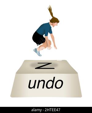 A girl jumps up and down on the undo key of a computer keyboard in this 3-d illustration. Stock Photo