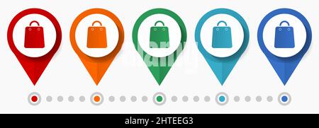Shop, bag concept vector icon set, flat design shopping pointers, infographic template easy to edit Stock Vector