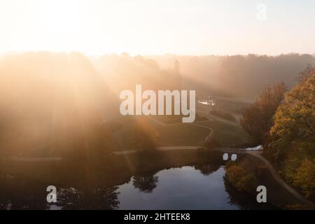 Aerial view of the Branitz park with a pyramid and lake in Cottbus, Germany Stock Photo