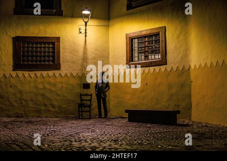 statue of nestor alamo early evening lit by street light outside columbus house in vegueta gran canaria Stock Photo