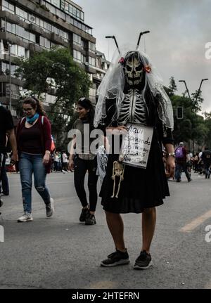 Santiago, Chile; November 8th 2019: a demonstrator with death custome, participating in a protest against the government of Sebastián Piñera Stock Photo