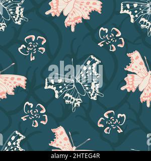 Comma butterfly vector seamless pattern background. Pink blue backdrop with flying butterflies and flowers. Open woodland insect with scalloped wings Stock Vector