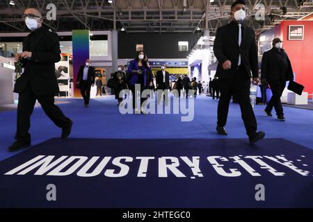 Barcelona, Spain. 28th Feb, 2022. People visit the Mobile World Congress (MWC) in Barcelona, Spain, Feb. 28, 2022. The 2022 edition of the MWC is held from Feb. 28 to March 3. Credit: Zheng Huansong/Xinhua/Alamy Live News Stock Photo