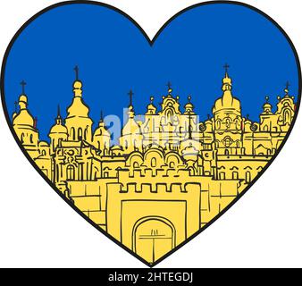 Kyiv famous buildings in blue yellow heart icon. National flag colors-SupplementalCategories+=Images Stock Vector