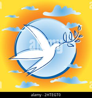 Bird with Olive Branch - Symbol of Peace - Blue Circle Background - Clouds and Sunset Vibrant Colors Stock Vector