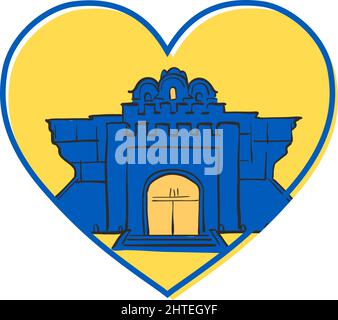 Golden Gate Kyiv in yellow heart icon. Save Ukraine concept. Vector Ukrainian symbol, icon, button.-SupplementalCategories+=Images Stock Vector