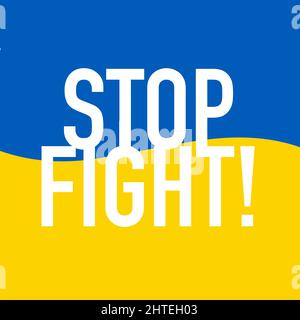 Stop Fight lettering on wavy flag badge. Support icon for people in Kyiv and Ukraine. Stay Strong together. Patriotic symbol, icon.-SupplementalCatego Stock Vector