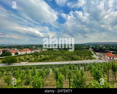 A circuar hedge maze in the castle park near the castle in Prague Toji with a blue sky with clouds. Stock Photo