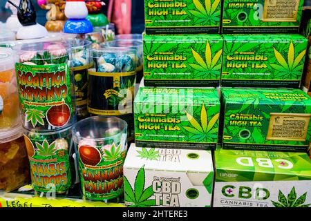 Amsterdam, Netherlands - 16 November, 2021: Chocolate bars with marijuana and  Cannabis Brownies for sale in a shop in Amsterdam Stock Photo