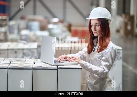 Woman looking at laptop standing in warehouse Stock Photo