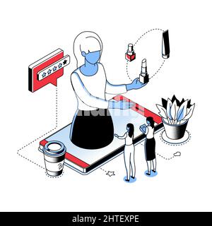 Blogging - modern line isometry design style illustration on white background with. Detailed picture with girls watching live stream on smartphone, fe Stock Vector