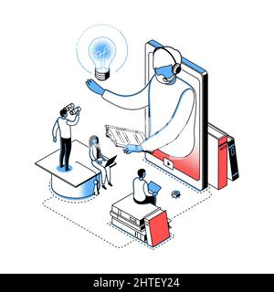 Online education - modern line isometry design style illustration. Detailed picture in red and blue color with students watching video on smartphone, Stock Vector