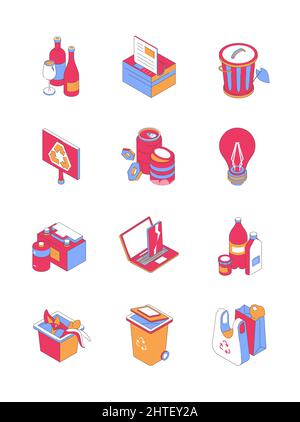 Types of recycling - modern isometric vector icon set. Editable stroke. Waste sorting, plastic, glass, food, e-waste, alternative energy, garbage can. Stock Vector