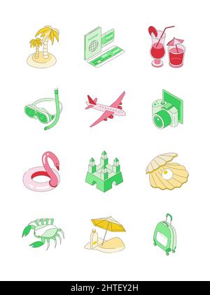Summer time - modern isometric vector icon set on white background. Editable stroke. Collect seashells, sunbathe on the sand under an umbrella, catch Stock Vector