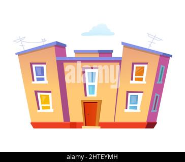 Panel house - flat design style object on white background. Neat detailed image of two-storey building. Cheap city real estate. Urban environment, tow Stock Vector
