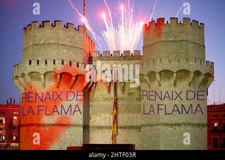 Valencia, Spain. 27th Feb, 2022. View of the Serrano Towers during La Crida de las Fallas 2022 in Valencia. La Crida, the proclamation in Spanish, is celebrated on the last Sunday of February and is the official act in which the Fallera Mayor of the city gathers all the Fallas commissions at the gates of the Serrano Towers and performs a call, to the initiation of the festivities, to all Valencians and all visitors. In this act, the mayor of Valencia hands over the keys of the city to the Fallera Mayor and the fallas are considered to have begun. Credit: SOPA Images Limited/Alamy Live News Stock Photo