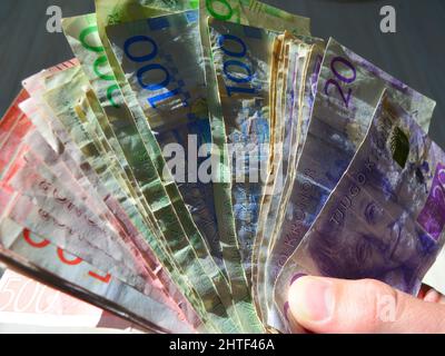 Closeup of a hand holding Swedish currency differnent banknotes Stock Photo