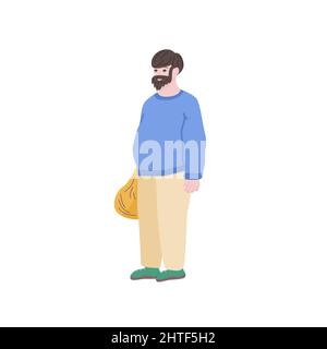 Fat male standing and holding full sack. Human character in blue sweater and yellow trousers. Isolated on white vector illustration. Stock Vector