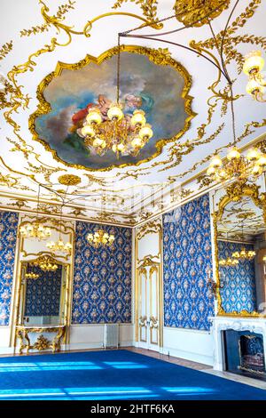 French style rococo revival blue and gold drawing room at Wrest House, Wrest Park, Bedfordshire, UK Stock Photo