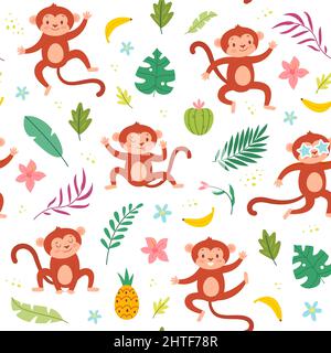 Cute monkeys seamless pattern. Tropical leaves and fruits, banana and funny little animals, jungle wildlife, exotic mammals isolated on white Stock Vector