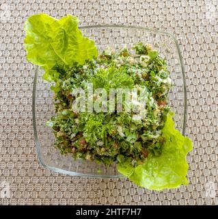 Top view of green salad in a clear bowl Stock Photo