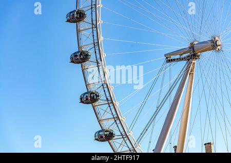 Close up view of pods on the London Eye, a landmark and tourist attraction in London, UK Stock Photo