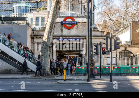 An exterior view of Embankment London Underground Station seen from across the street. Stock Photo