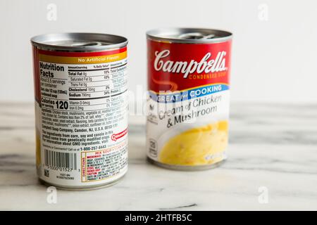 tins of Campbells  cream of chicken and mushroom soup  with nutritional facts and ingredients Stock Photo