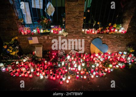 Prague, Czech Republic. 27th Feb, 2022. Demonstration in support of Ukraine, which was attacked by the Russian army on the same day, was held on February 24, 2022, in front of Ukrainian Embassy in Prague, Czech Republic. Credit: Michaela Rihova/CTK Photo/Alamy Live News Stock Photo