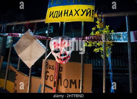 Prague, Czech Republic. 27th Feb, 2022. Demonstration in support of Ukraine, which was attacked by the Russian army on the same day, was held on February 24, 2022, in front of Ukrainian Embassy in Prague, Czech Republic. Credit: Michaela Rihova/CTK Photo/Alamy Live News Stock Photo
