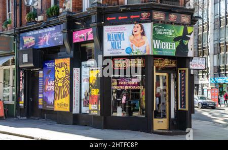 The Theatre Cafe, a shop on the corner on Monmouth Street in London, UK selling tickets for events and West End theatre productions Stock Photo