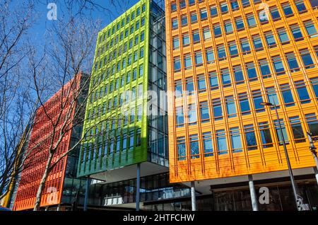 Modern, colourful, contemporary design and architecture employed in office buildings in the Central Saint Giles development in London, UK Stock Photo