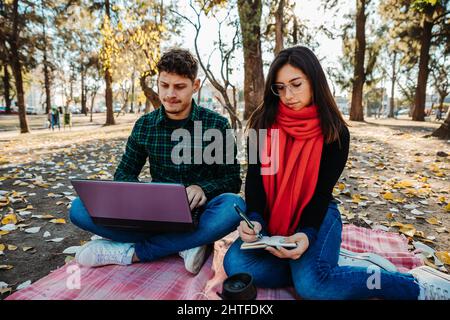 young couple using laptop to work outdoors Stock Photo