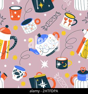 Tea cups seamless pattern. Funny pottery mugs with different design, trendy decorative kettles, cozy hot drinks ceramics, cozy background. Decor Stock Vector