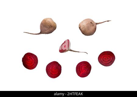 Isolated red beet root whole and in pieces Stock Photo