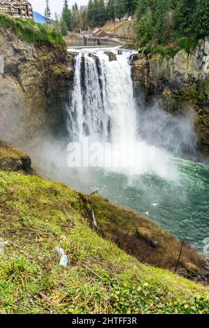 Roaring and misty Snoqualmie Falls in Washington State. Stock Photo