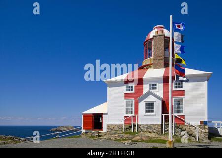 Historic Cape Bonavista lighthouse against a clear blue sky on sunny day in Newfoundland, Canada Stock Photo