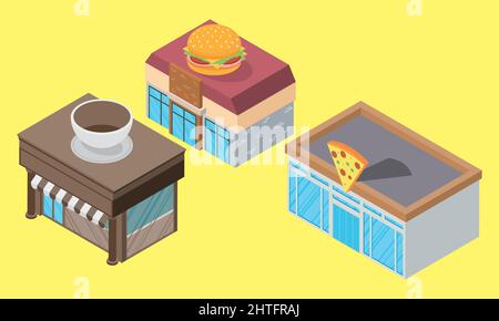 isometric buildings set three icons Stock Vector