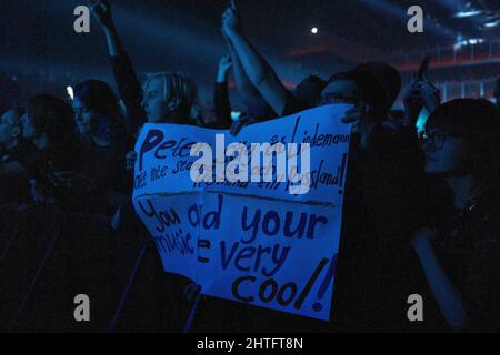 Moscow, Russia. 23rd Feb, 2022. A crowd of fans in the hall during the performance of the PAIN group in Moscow.Peter Tägtgren-led Swedish electronic/industrial metal/rock outfit Pain performed a show at the 1930 Moscow club in the capital of Russia, February 23rd. Credit: SOPA Images Limited/Alamy Live News Stock Photo