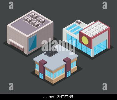 three isometric buildings set icons Stock Vector
