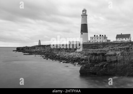 Black and white photo of Portland Bill lighthouse in Dorset at dusk Stock Photo