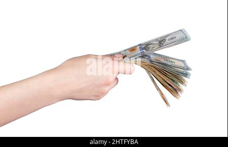 Woman hand with US dollar notes wad isolated on white background. Currency, finance concept. Salary payment, debt returning. High quality photo Stock Photo