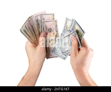 Hands counting US dollar notes isolated on white background. Finance, tax and economy concept. High quality photo Stock Photo