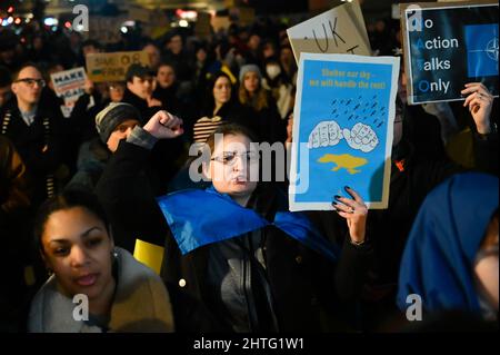 Trafalgar Square, London, UK. 28 February 2022. Thousands attended to STAND WITH UKRAINE protest in Trafalgar Square shout Stop the War - Putin go back. Stock Photo